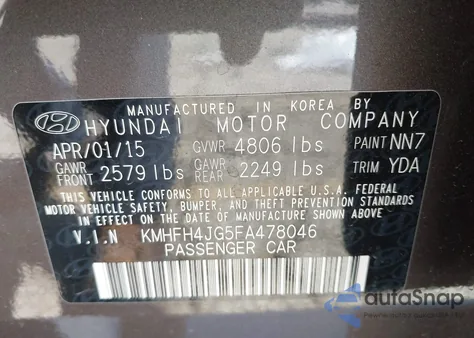 2015 Hyundai Azera Limited z USA, uszkodzony, nr VIN KMHFH4JG5FA478046